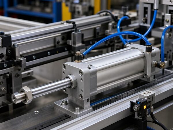 Cilindro pneumático com haste e mangueiras em máquina industrial