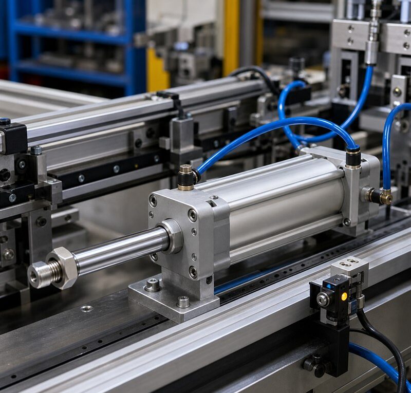 Cilindro pneumático com haste e mangueiras em máquina industrial
