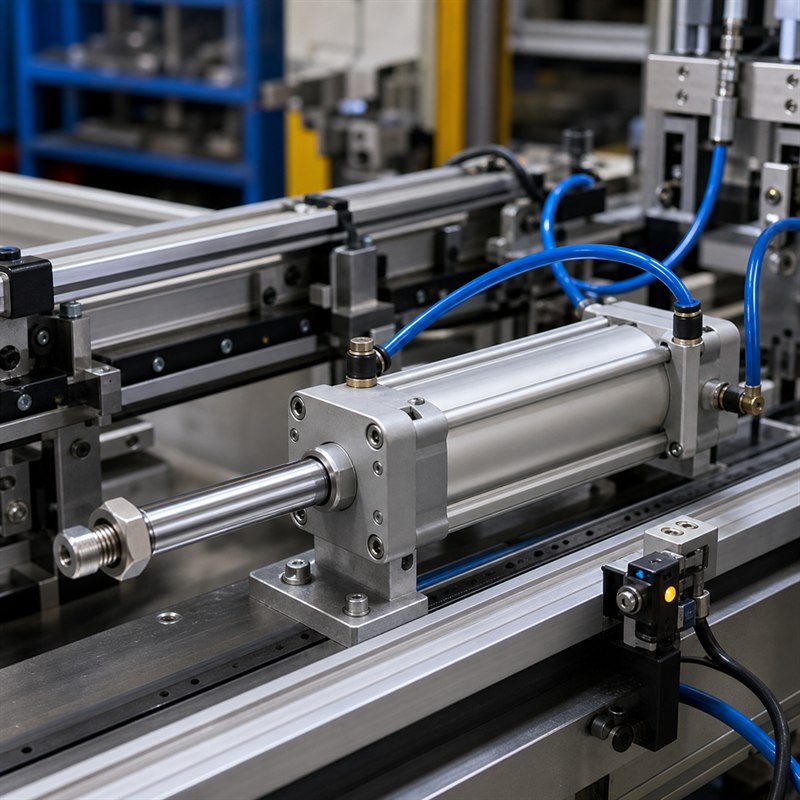 Cilindro pneumático com haste e mangueiras em máquina industrial