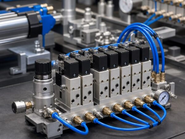 Válvula pneumática com conexões e mangueiras em sistema industrial