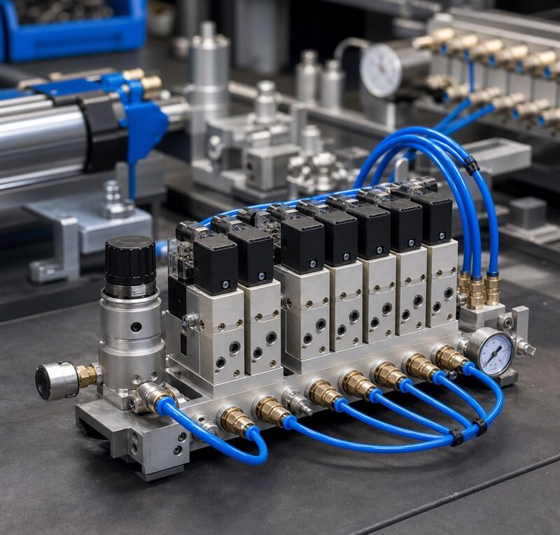 Válvula pneumática com conexões e mangueiras em sistema industrial