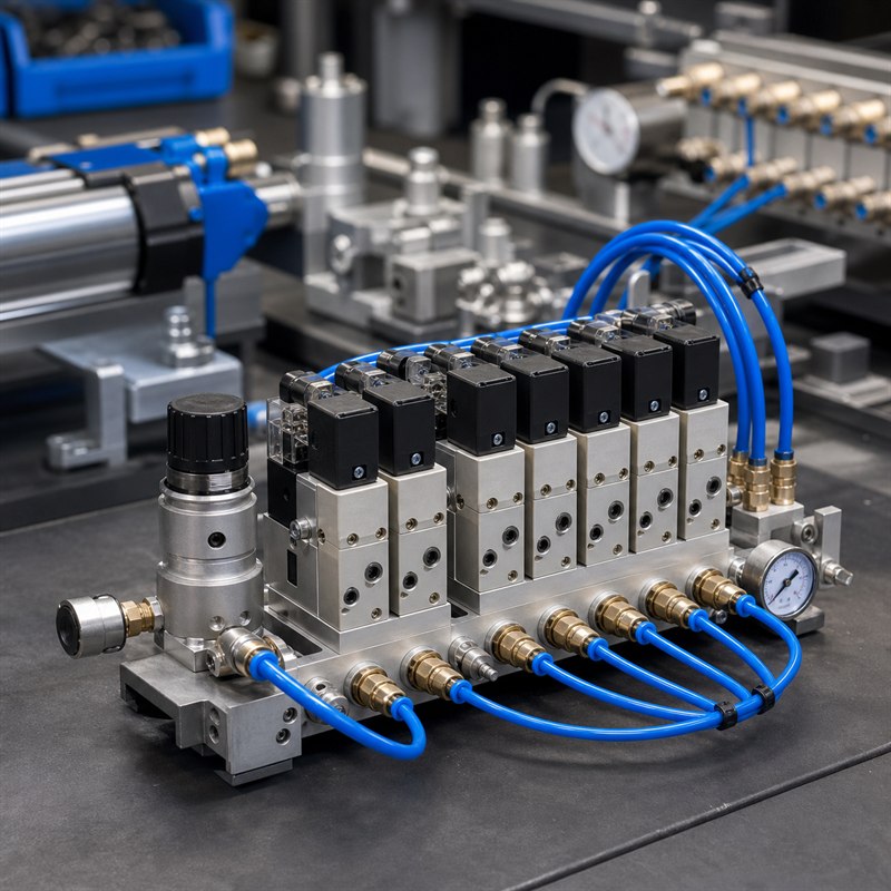 Válvula pneumática com conexões e mangueiras em sistema industrial