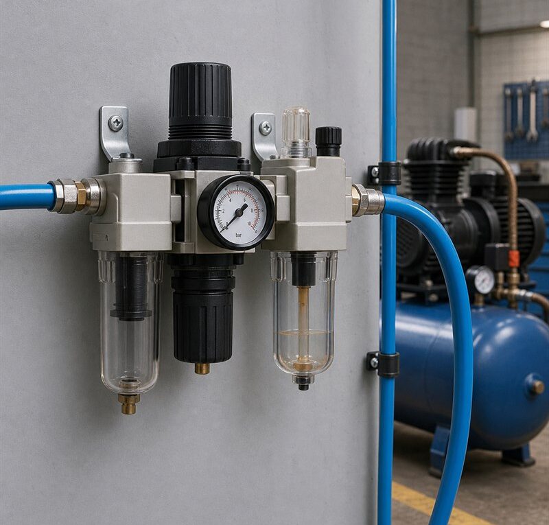 Lubrifil em sistema pneumático com filtro regulador lubrificador e manômetro