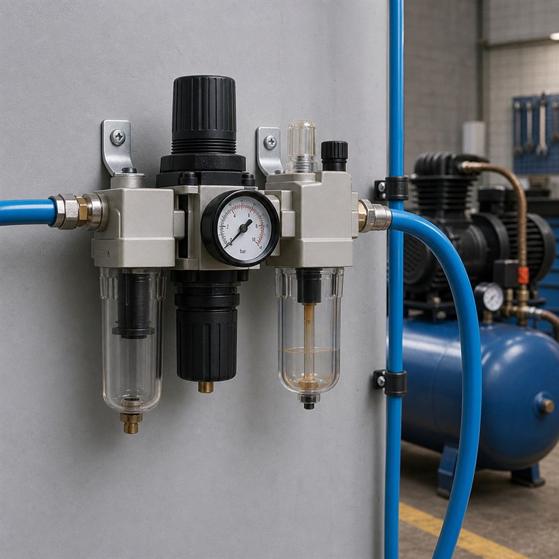 Lubrifil em sistema pneumático com filtro regulador lubrificador e manômetro