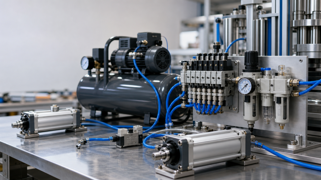 Pneumática industrial com compressor, válvulas pneumáticas e cilindros pneumáticos