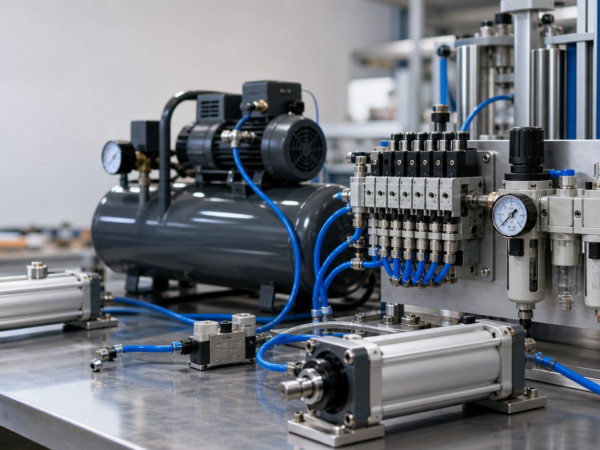 Pneumática industrial com compressor, válvulas pneumáticas e cilindros pneumáticos