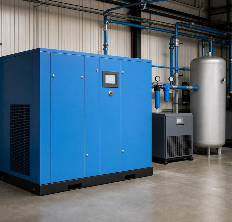Compressor de parafuso industrial com secador e reservatório de ar comprimido