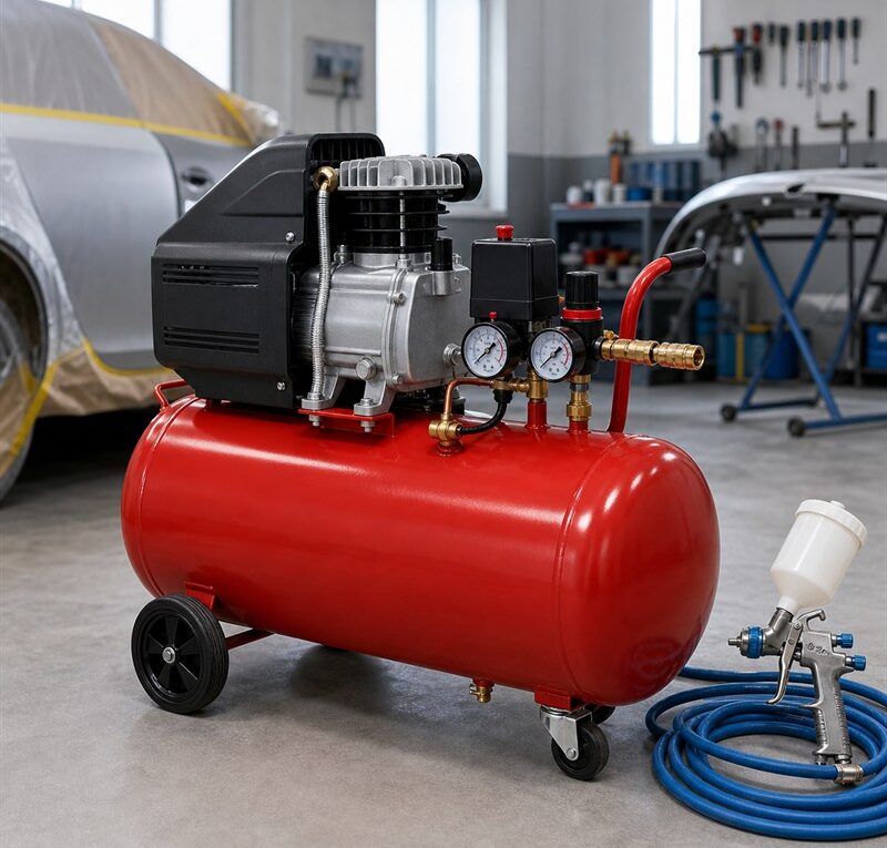Compressor para pintura automotiva com pistola de pintura em oficina