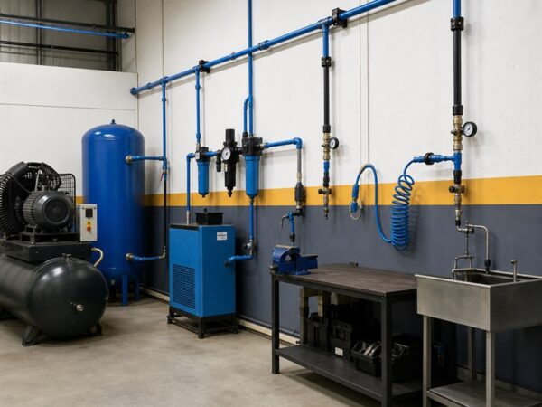 linha de ar comprimido industrial com compressor, filtros, secador e tubulação