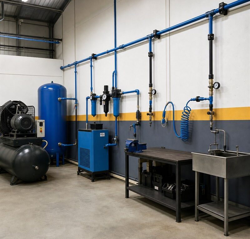linha de ar comprimido industrial com compressor, filtros, secador e tubulação