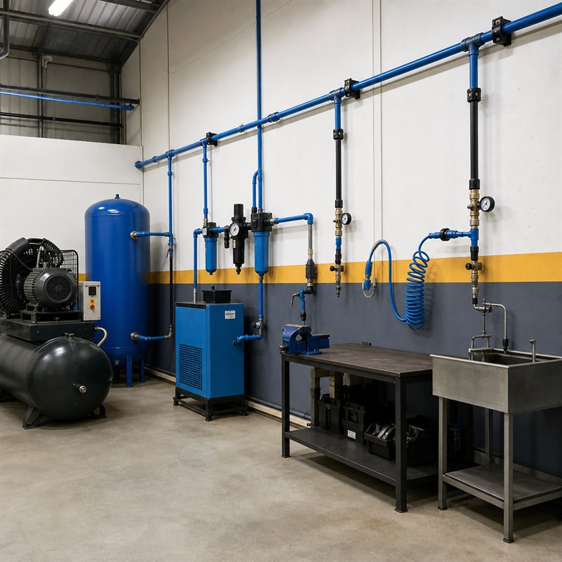 Linha de ar comprimido industrial com compressor e preparação de ar