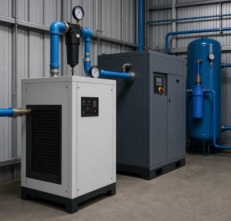 Secador de ar comprimido instalado em sala de compressor industrial